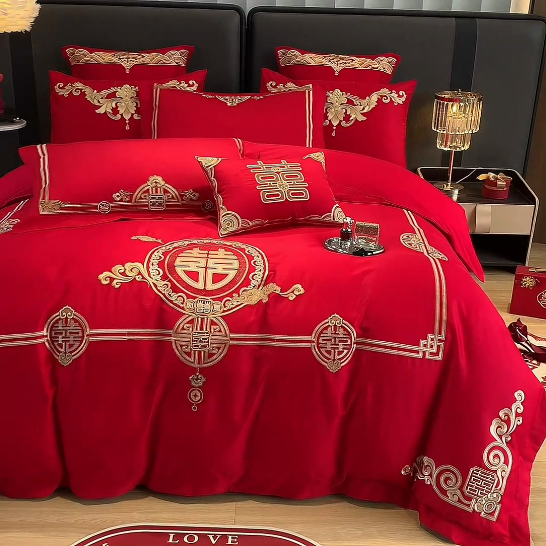 91家纺网 家纺一手货源 找家纺 用心 2024新款亲肤加厚磨毛新中式婚庆四件套多件套 典雅