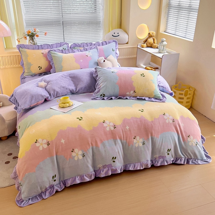 91家纺网 家纺一手货源 找家纺 找底底家纺 2024新款牛奶绒印花四件套 彩虹