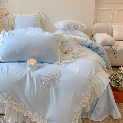 91家纺网 家纺一手货源 找家纺 吾欢心 2025新款糯小棉立体蝴蝶花边四件套-蝶恋花系列 蝶恋花蓝