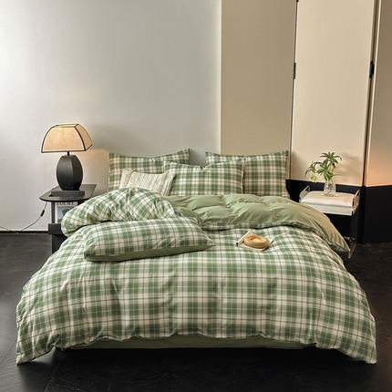 雅居纺家纺 2024新款全棉印花磨毛四件套 旋律-绿格