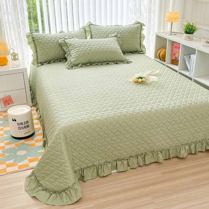 91家纺网 家纺一手货源 找家纺 暖居 2024新款250X270韩系纯色纯棉床盖三件套四件套+双面纯棉同款春秋被 芥末绿花束款