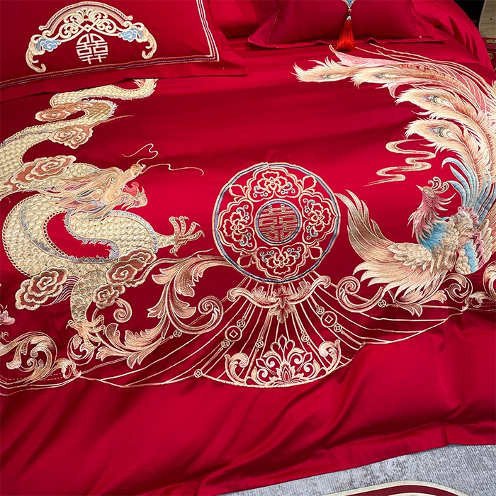 91家纺网 家纺一手货源 找家纺 用心 2024年新款双面磨毛绣花婚庆四件套 龙鸣凤悦