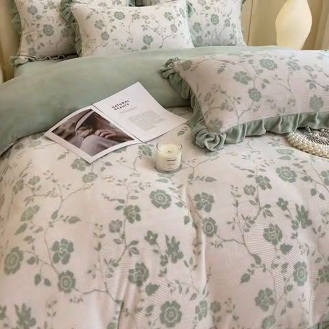 91家纺网 家纺一手货源 找家纺 2024新品A类牛奶绒韩版雕花四件套 蔷薇-绿