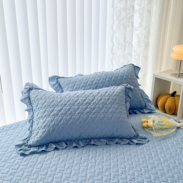 91家纺网 家纺一手货源 找家纺 暖居 2024新款250X270韩系纯色纯棉床盖三件套四件套+双面纯棉同款春秋被 天空蓝花束款