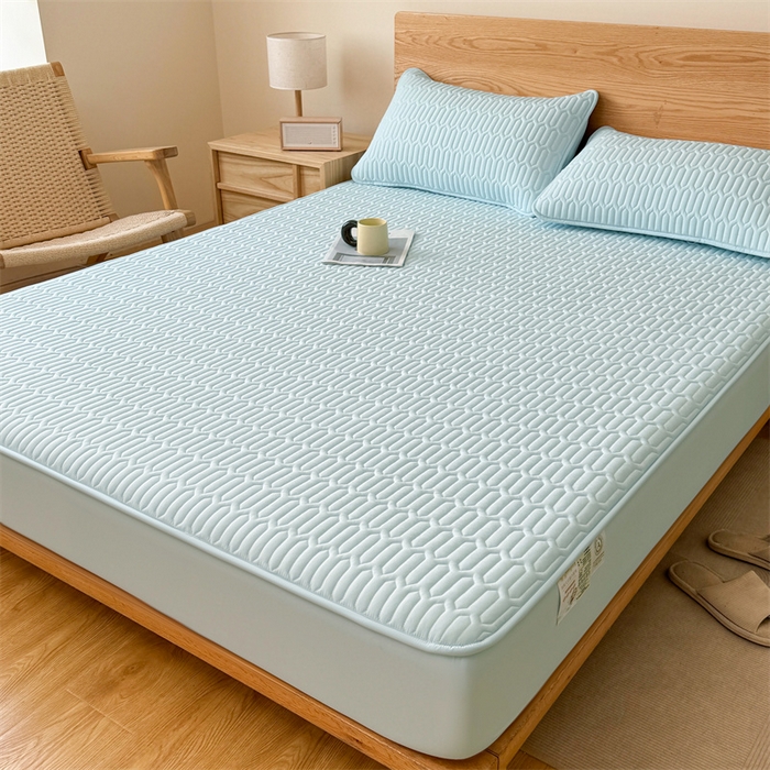 91家纺网 家纺一手货源 找家纺 雯豆家纺 2025新品【漏水包赔】防水隔尿加厚夹棉床笠三件套床垫保护套纯色床罩 格调防水款-冰川蓝