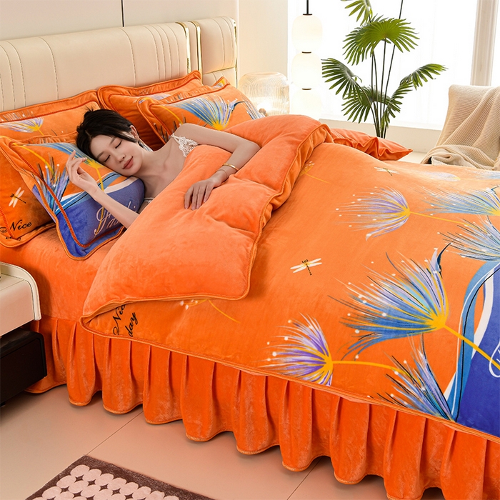 91家纺网 家纺一手货源 找家纺 绒耀 2025新款高克重牛奶绒四件套保暖四件套直播爆款电商爆款 曼珠沙华桔