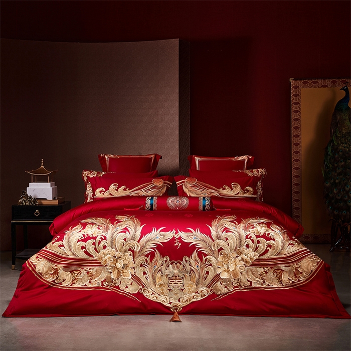 91家纺网 家纺一手货源 找家纺 宏羽纺家纺 2024新款高支高密纯棉提花婚庆套件系列（控价680）凤凰来仪-金