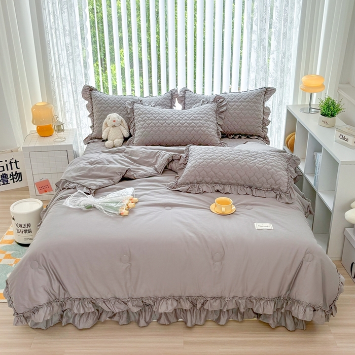 91家纺网 家纺一手货源 找家纺 暖居 2024新款250X270韩系纯色纯棉床盖三件套四件套+双面纯棉同款春秋被 夜空灰花束款