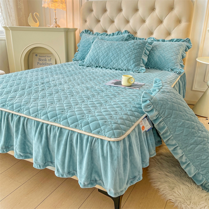 91家纺网 家纺一手货源 找家纺 2024新款热款A类牛奶绒夹棉床笠 浅灰蓝-