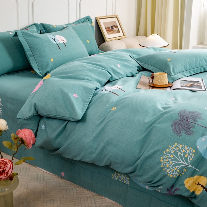 91家纺网 家纺一手货源 找家纺 威布斯家居 2024新款AA版全棉加厚磨毛四件套 欢乐树-绿