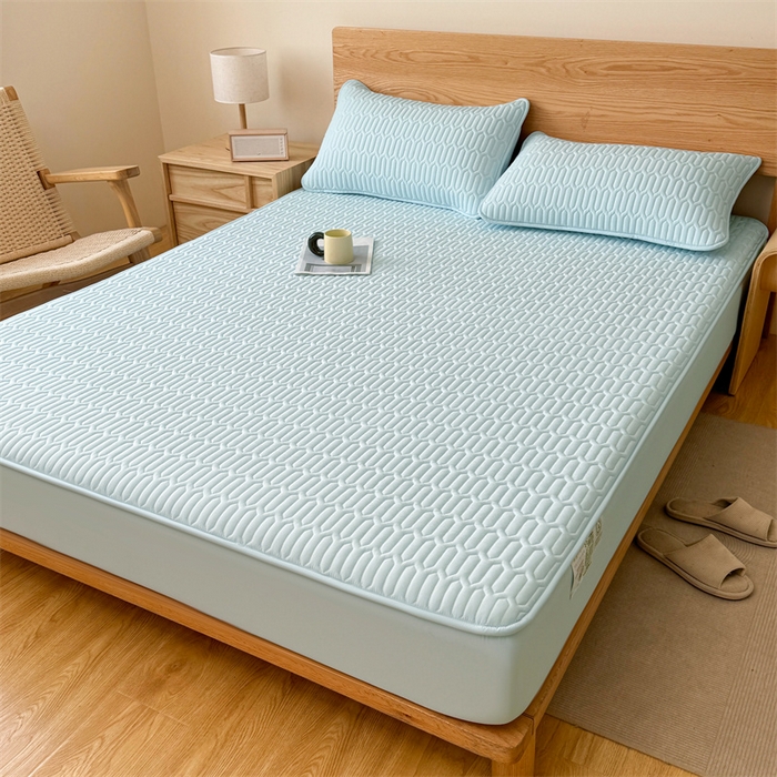 91家纺网 家纺一手货源 找家纺 雯豆家纺 2025新品【漏水包赔】防水隔尿加厚夹棉床笠三件套床垫保护套纯色床罩 格调防水款-冰川蓝