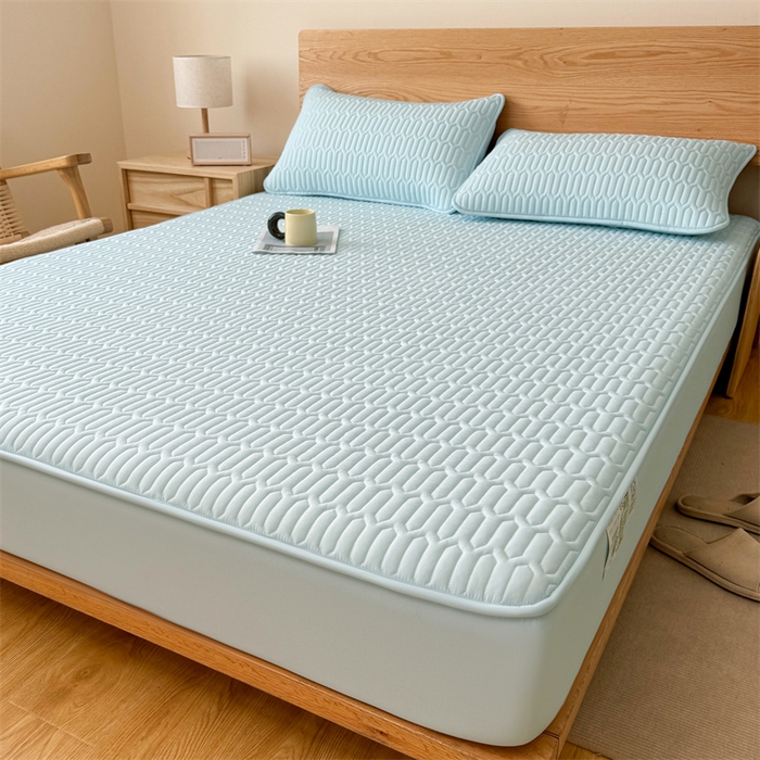 91家纺网 家纺一手货源 找家纺 雯豆家纺 2025新品【漏水包赔】防水隔尿加厚夹棉床笠三件套床垫保护套纯色床罩 格调防水款-冰川蓝