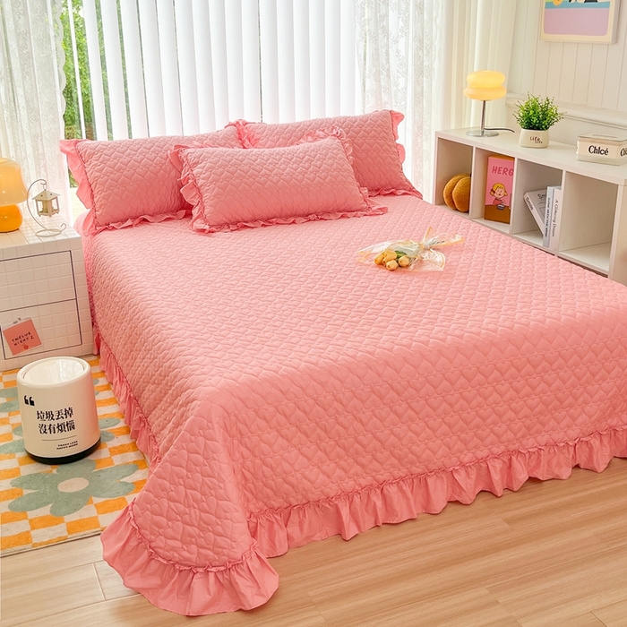 91家纺网 家纺一手货源 找家纺 暖居 2024新款250X270韩系纯色纯棉床盖三件套四件套+双面纯棉同款春秋被 玫红花束款