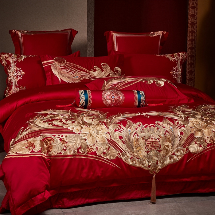 91家纺网 家纺一手货源 找家纺 宏羽纺家纺 2024新款高支高密纯棉提花婚庆套件系列（控价680）凤凰来仪-金