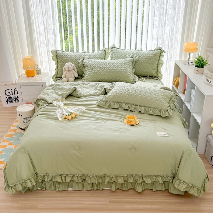 91家纺网 家纺一手货源 找家纺 暖居 2024新款250X270韩系纯色纯棉床盖三件套四件套+双面纯棉同款春秋被 芥末绿花束款