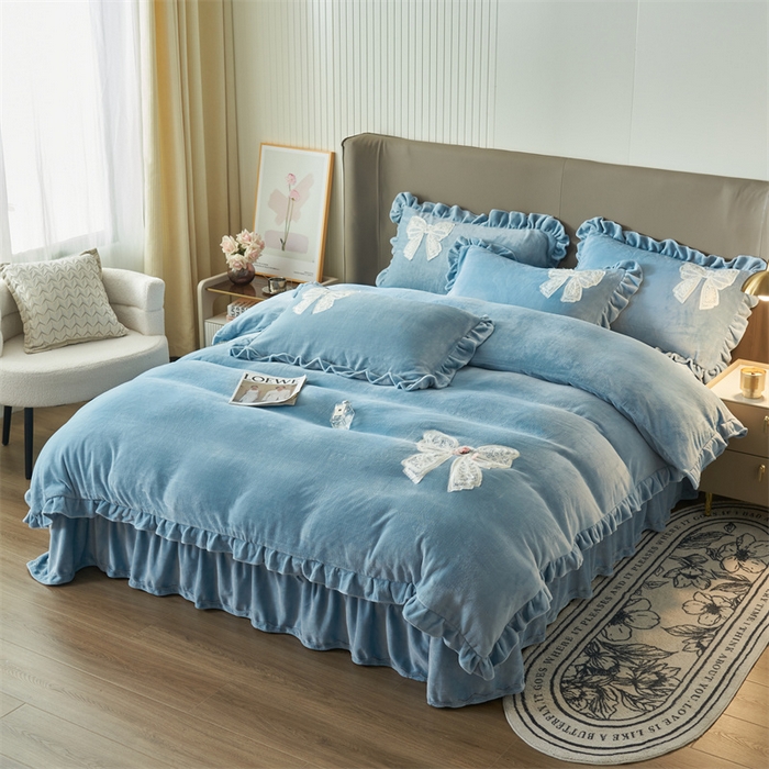 91家纺网 家纺一手货源 找家纺 2024新款A类幸福约定牛奶绒四件套 浅灰蓝