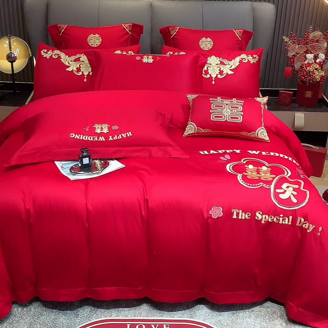 91家纺网 家纺一手货源 找家纺 用心 2024新款亲肤加厚磨毛新中式婚庆四件套多件套 囍乐