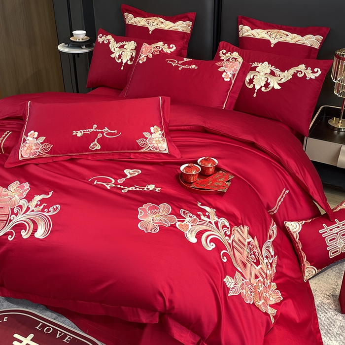 91家纺网 家纺一手货源 找家纺 用心 2024新款亲肤加厚磨毛新中式婚庆四件套多件套 花语