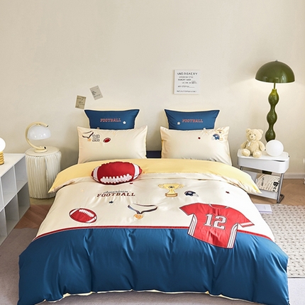 91家纺网 家纺一手货源 找家纺 紫桐 2025新款50s双股长绒棉卡通贴布绣四件套系列 橄榄少年