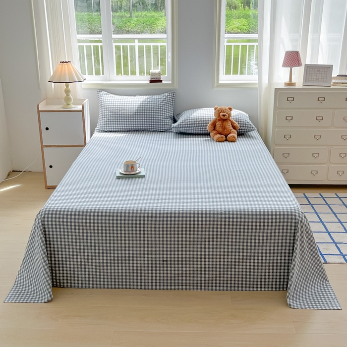 91家纺网 家纺一手货源 找家纺 韩巢家纺 2024新款简约格子纯色A类水洗棉床单枕套三件套 A类兰色格-床单