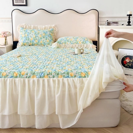 91家纺网 家纺一手货源 找家纺 （总）恋尚 2025新款印花蜜桃棉夹棉床笠式单床裙韩版花边床裙