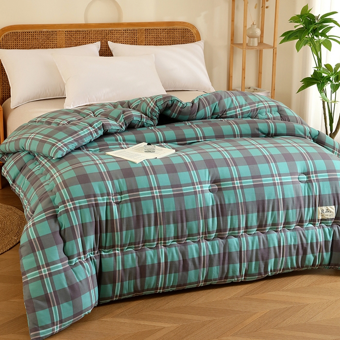 91家纺网 家纺一手货源 找家纺 优布加 2024新款色织水洗棉格斜抗菌良品系列大豆被冬被 良品-军绿