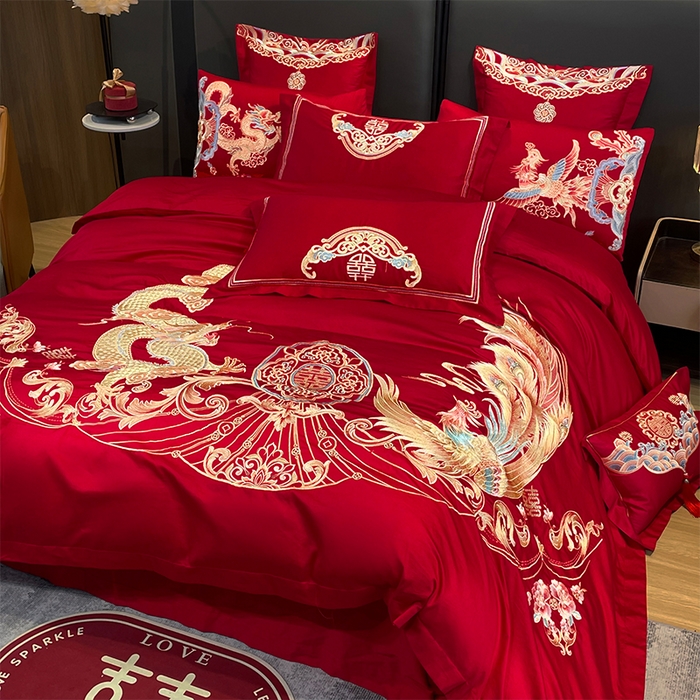 91家纺网 家纺一手货源 找家纺 用心 2024年新款双面磨毛绣花婚庆四件套 龙鸣凤悦