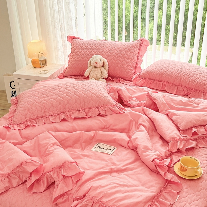 91家纺网 家纺一手货源 找家纺 暖居 2024新款250X270韩系纯色纯棉床盖三件套四件套+双面纯棉同款春秋被 玫红花束款