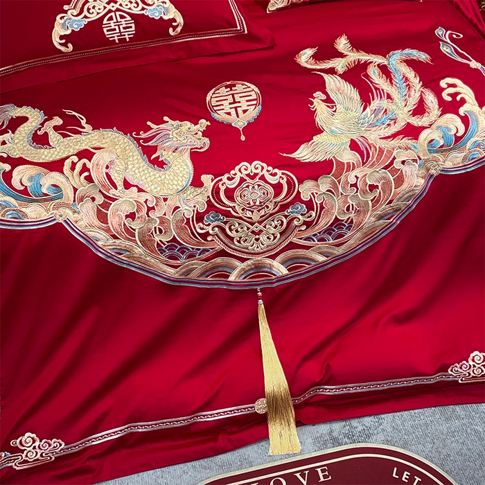 91家纺网 家纺一手货源 找家纺 用心 2024年新款双面磨毛绣花婚庆四件套 龙凤良缘