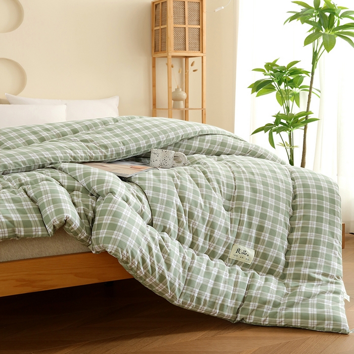 91家纺网 家纺一手货源 找家纺 优布加 2024新款色织水洗棉格斜抗菌良品系列大豆被冬被 良品-灰绿
