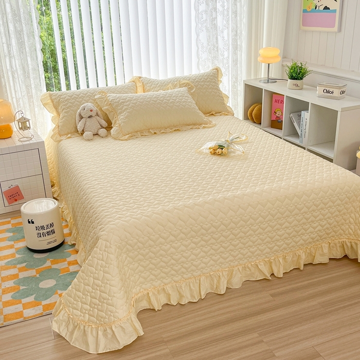 91家纺网 家纺一手货源 找家纺 暖居 2024新款250X270韩系纯色纯棉床盖三件套四件套+双面纯棉同款春秋被 米黄花束款