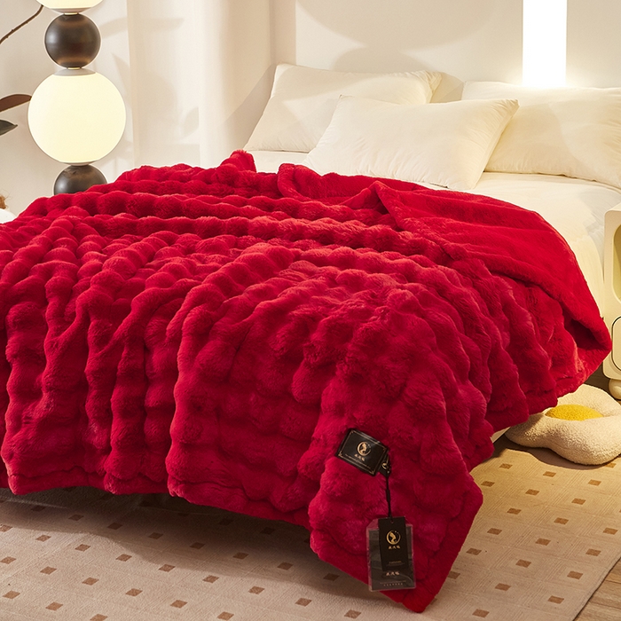 91家纺网 家纺一手货源 找家纺 尚品凤凰 2025新款亲肤舒适加厚保暖貂绒兔毛泡泡毛毯 泡泡-大红