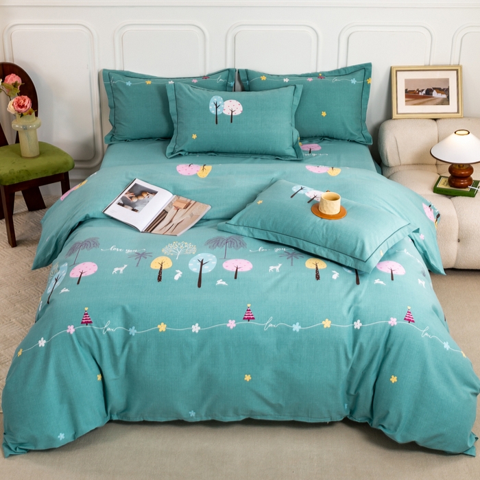 91家纺网 家纺一手货源 找家纺 威布斯家居 2024新款AA版全棉加厚磨毛四件套 欢乐树-绿