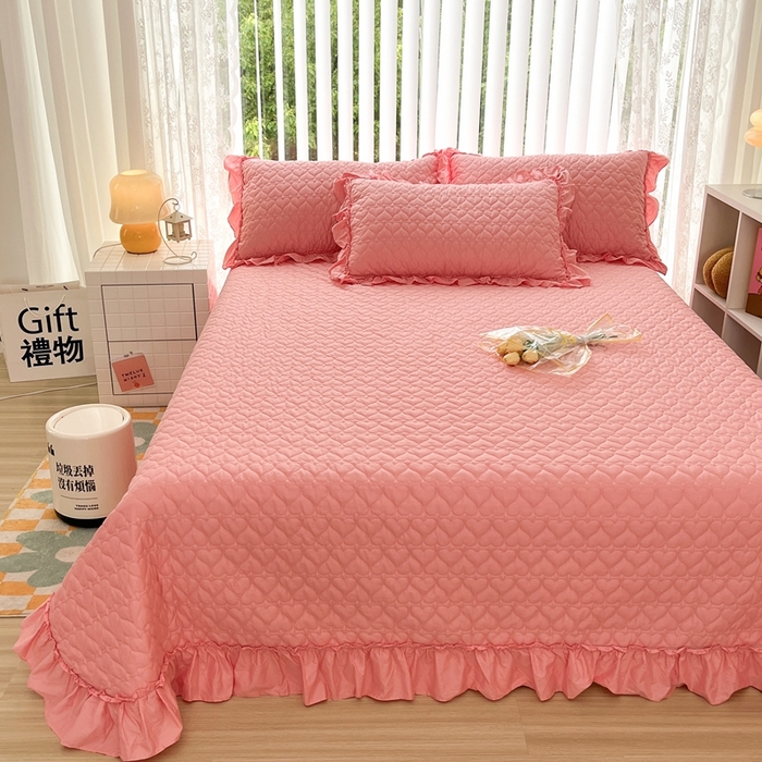 91家纺网 家纺一手货源 找家纺 暖居 2024新款250X270韩系纯色纯棉床盖三件套四件套+双面纯棉同款春秋被 玫红花束款