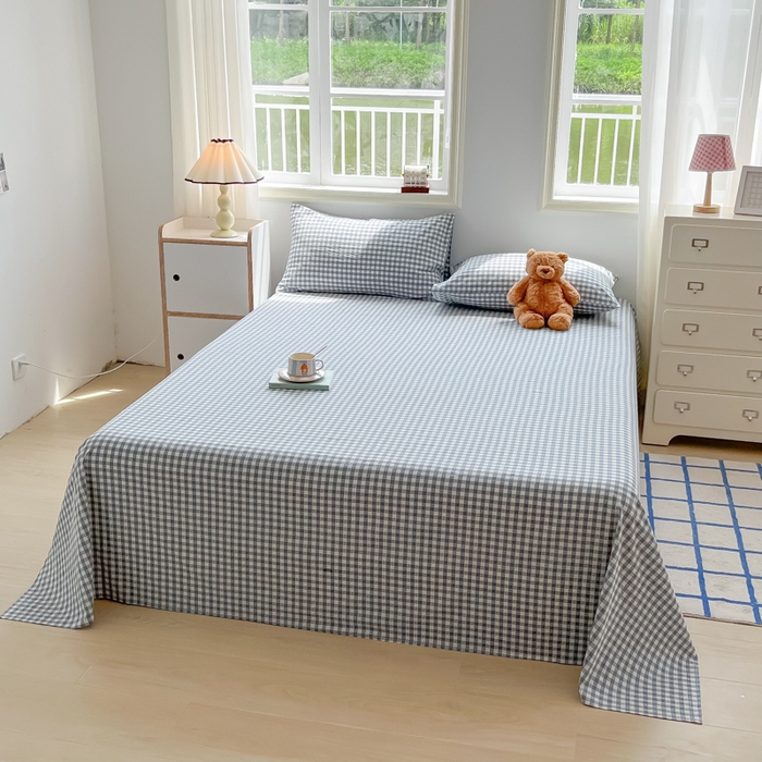 91家纺网 家纺一手货源 找家纺 韩巢家纺 2024新款简约格子纯色A类水洗棉床单枕套三件套 A类兰色格-床单