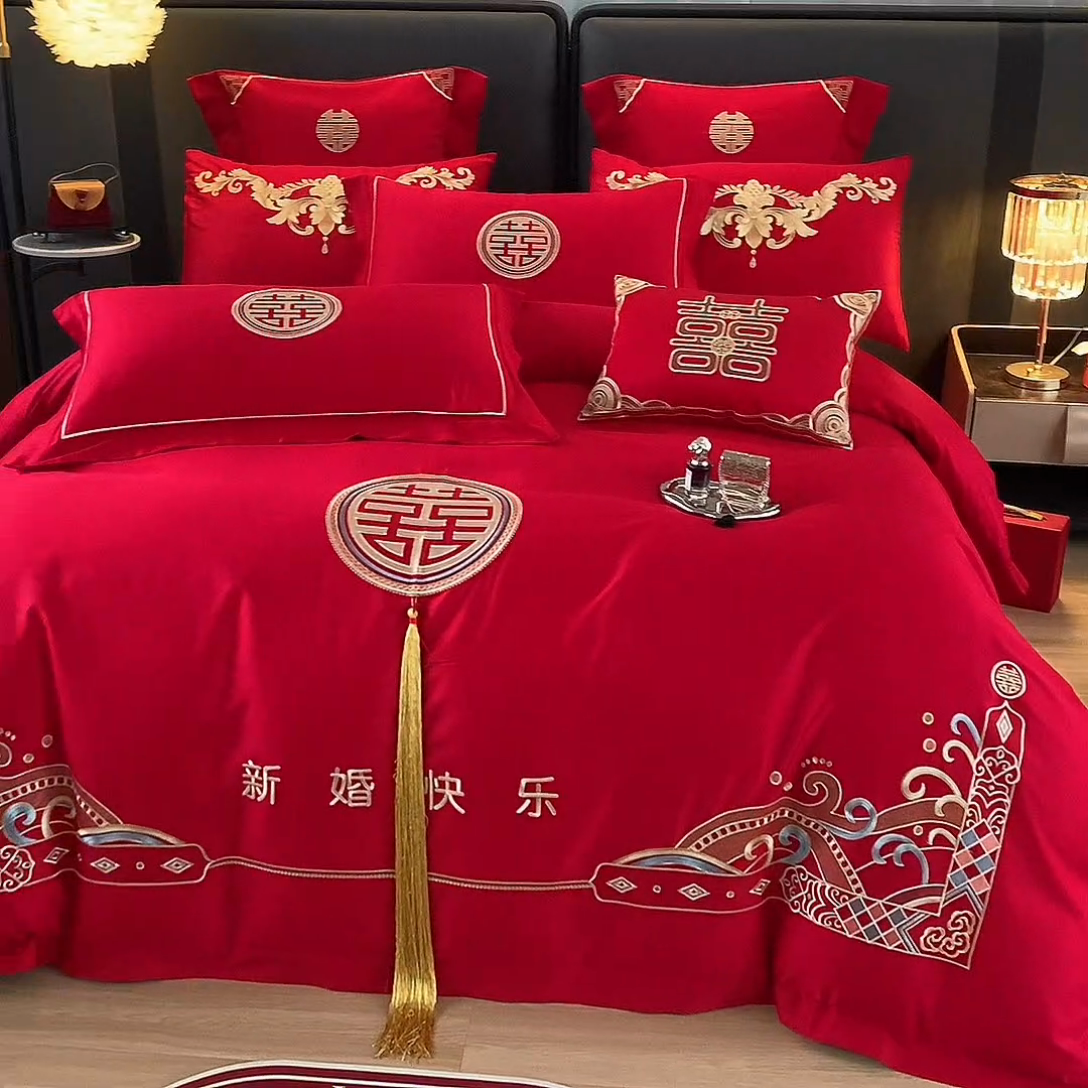 91家纺网 家纺一手货源 找家纺 用心 2024新款亲肤加厚磨毛新中式婚庆四件套多件套 相爱