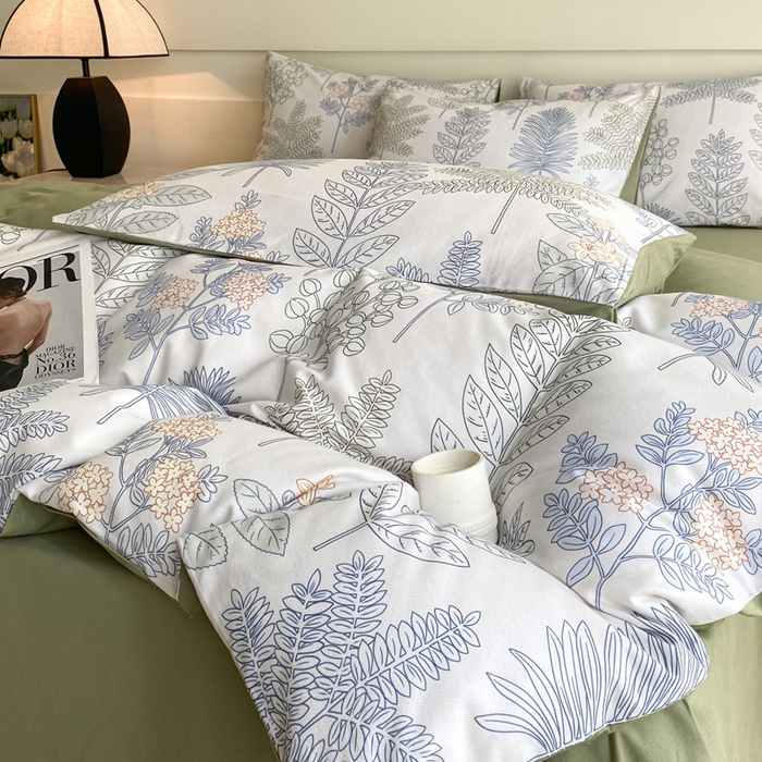 91家纺网 家纺一手货源 找家纺 雅居纺家纺 2024新款全棉印花磨毛四件套 绿染悠夏