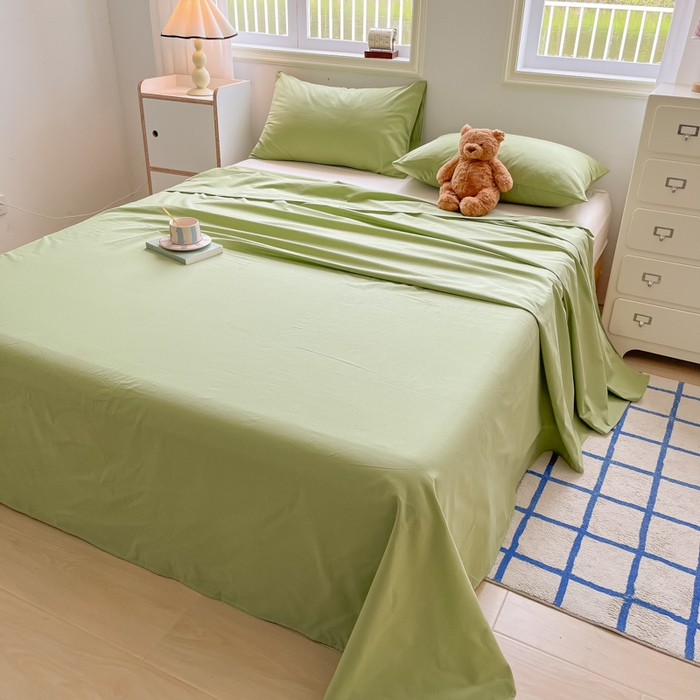 91家纺网 家纺一手货源 找家纺 韩巢家纺 2024新款简约格子纯色A类水洗棉床单枕套三件套 A类浅草绿-床单