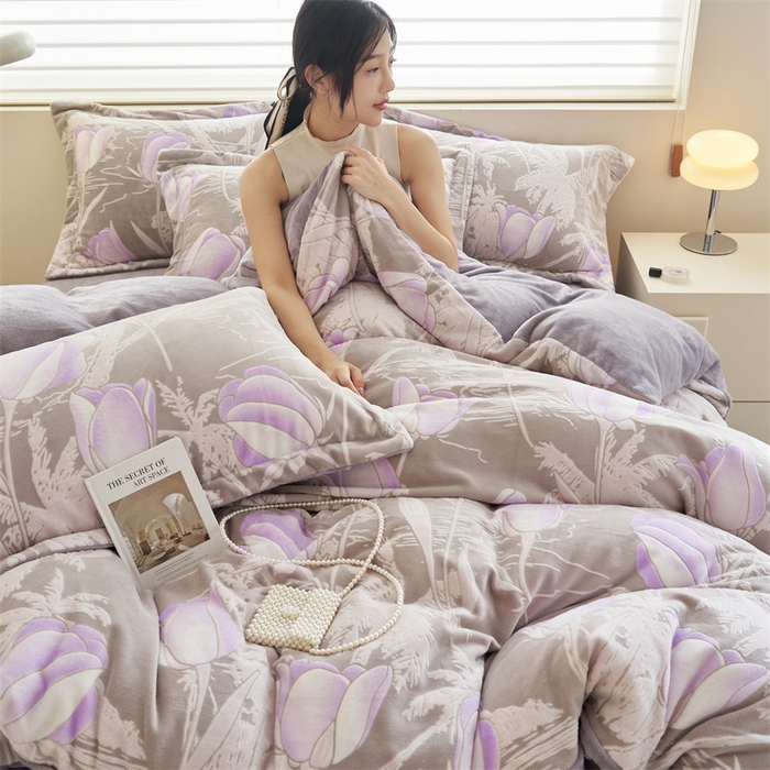 91家纺网 家纺一手货源 找家纺 2024新款A类立体雕花四件套 山水郁金香-豆沙紫