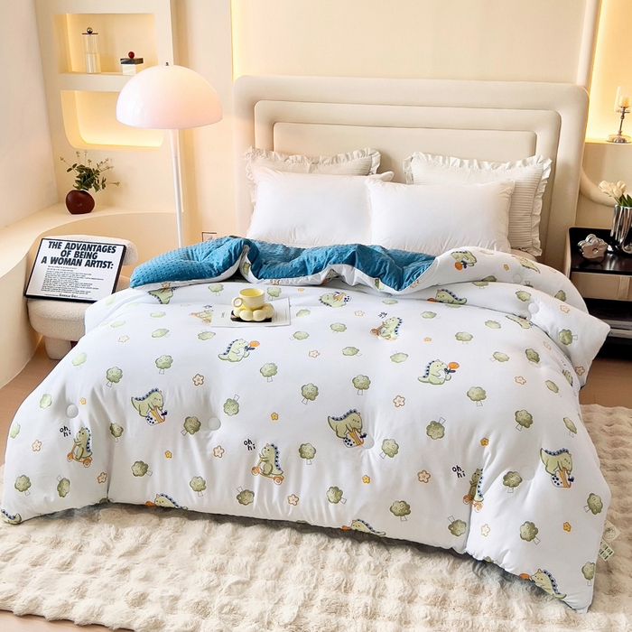 91家纺网 家纺一手货源 找家纺 暖阁 2025新款A类水洗棉豆豆被冬被春秋被被子被芯 开心恐龙