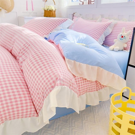 91家纺网 家纺一手货源 找家纺 灰鲸 2025新款ins水洗双层纱公主风四件套 樱花粉格