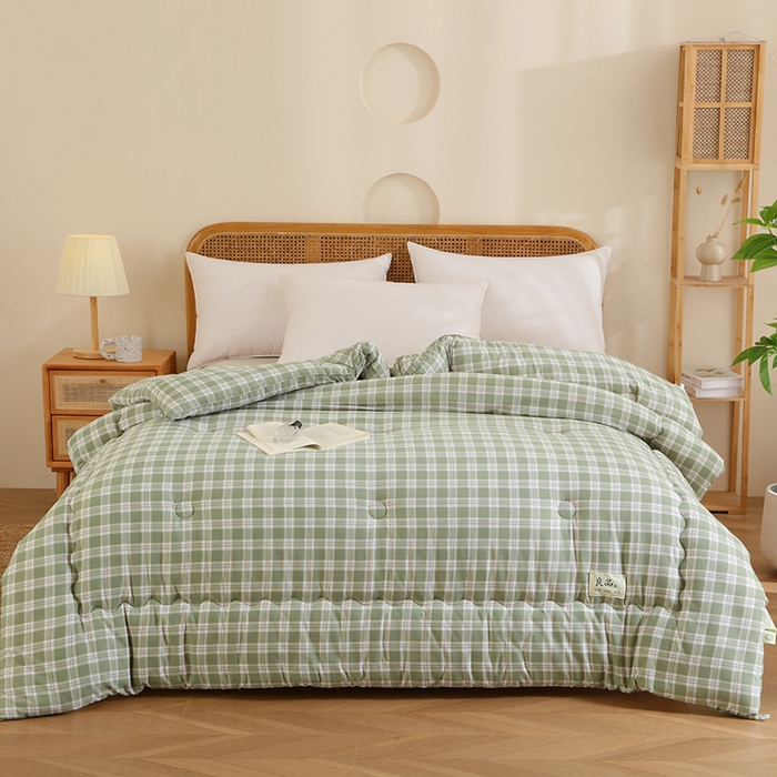 91家纺网 家纺一手货源 找家纺 优布加 2024新款色织水洗棉格斜抗菌良品系列大豆被冬被 良品-灰绿