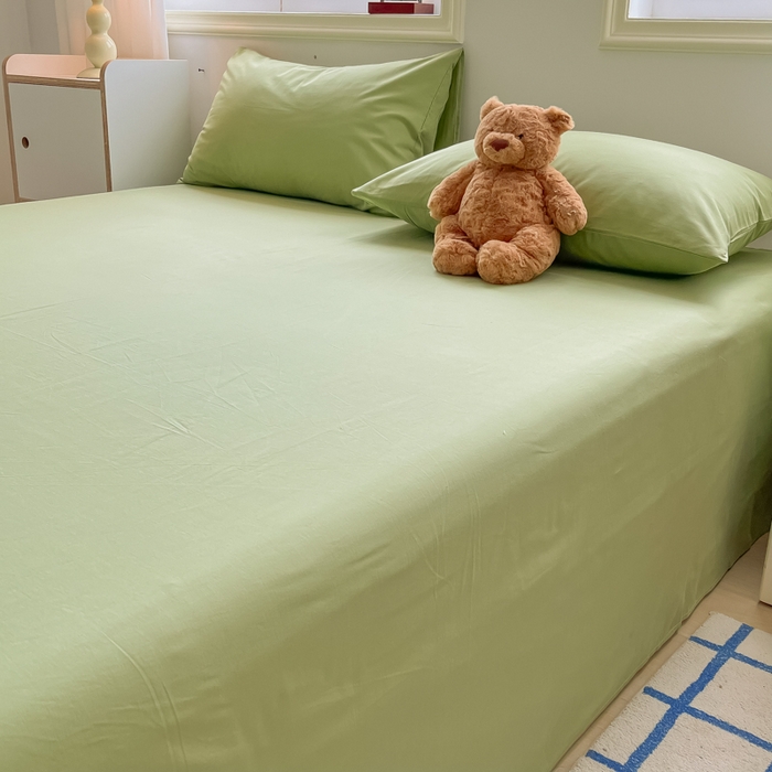 91家纺网 家纺一手货源 找家纺 韩巢家纺 2024新款简约格子纯色A类水洗棉床单枕套三件套 A类浅草绿-床单