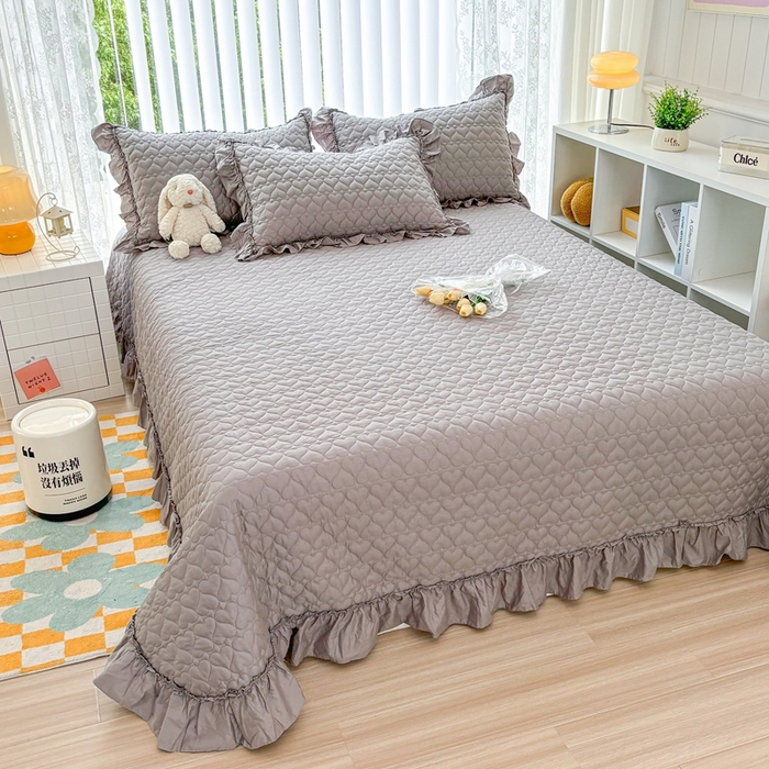 91家纺网 家纺一手货源 找家纺 暖居 2024新款250X270韩系纯色纯棉床盖三件套四件套+双面纯棉同款春秋被 夜空灰花束款