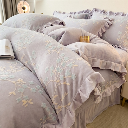 2024新品A类牛奶绒韩版雕花四件套 梨花海棠-浅咖