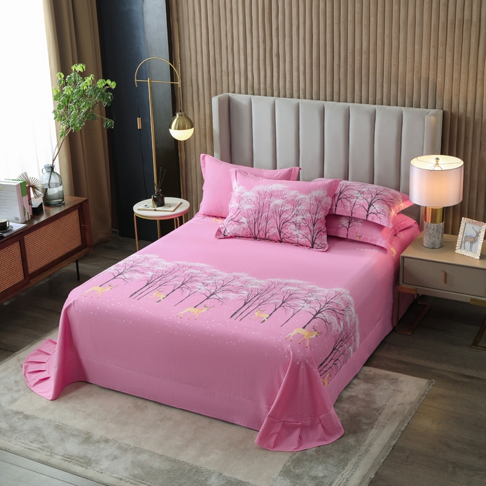 91家纺网 家纺一手货源 找家纺 威布斯家居 2024新款AA版全棉加厚磨毛四件套 鹿雪踏花-粉