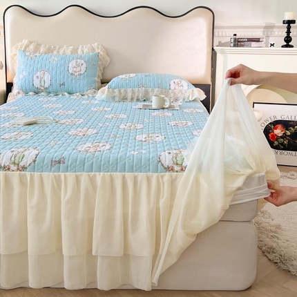 91家纺网 家纺一手货源 找家纺 （总）恋尚 2025新款印花蜜桃棉夹棉床笠式单床裙韩版花边床裙