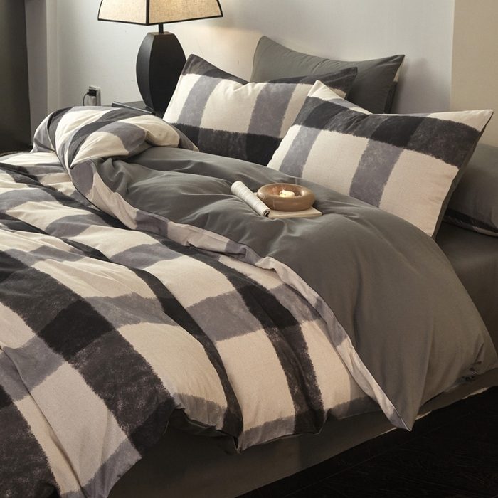 91家纺网 家纺一手货源 找家纺 雅居纺家纺 2024新款全棉印花磨毛四件套 灰大格