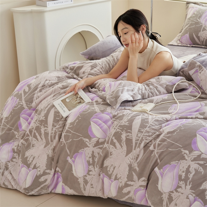 91家纺网 家纺一手货源 找家纺 2024新款A类立体雕花四件套 山水郁金香-豆沙紫