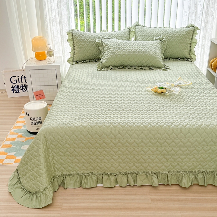 91家纺网 家纺一手货源 找家纺 暖居 2024新款250X270韩系纯色纯棉床盖三件套四件套+双面纯棉同款春秋被 芥末绿花束款